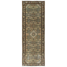 Load image into Gallery viewer, 3&#39;4&quot;x9&#39;9&quot; Beige, Bohemian Vintage Persian Hamadan with Fish Mahi Design, Professionally Cleaned, Pure Wool, Hand Knotted, Cropped Thin Wide Runner Oriental Rug FWR491400