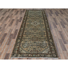 Load image into Gallery viewer, 3&#39;4&quot;x9&#39;9&quot; Beige, Bohemian Vintage Persian Hamadan with Fish Mahi Design, Professionally Cleaned, Pure Wool, Hand Knotted, Cropped Thin Wide Runner Oriental Rug FWR491400