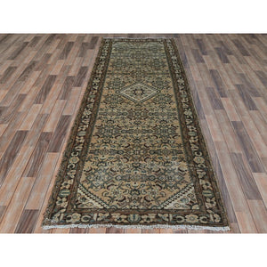 3'4"x9'9" Beige, Bohemian Vintage Persian Hamadan with Fish Mahi Design, Professionally Cleaned, Pure Wool, Hand Knotted, Cropped Thin Wide Runner Oriental Rug FWR491400