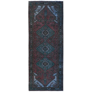3'5"x9'7" Light Red Overdyed Vintage Persian Hamadan with Serrated Medallions, Hand Knotted Pure Wool, Clean, Worn Down, Wide Runner Oriental Rug FWR491514