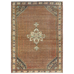 3'5"x5'8" Honey Brown, Vintage Persian Hamadan with Small Repetitive Boteh Design and Center Medallion, Hand Knotted, Pure Wool, Cropped Thin, Clean Oriental Rug FWR491544