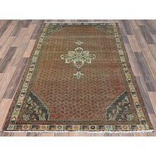 Load image into Gallery viewer, 3&#39;5&quot;x5&#39;8&quot; Honey Brown, Vintage Persian Hamadan with Small Repetitive Boteh Design and Center Medallion, Hand Knotted, Pure Wool, Cropped Thin, Clean Oriental Rug FWR491544