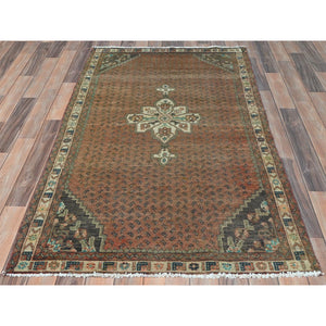 3'5"x5'8" Honey Brown, Vintage Persian Hamadan with Small Repetitive Boteh Design and Center Medallion, Hand Knotted, Pure Wool, Cropped Thin, Clean Oriental Rug FWR491544