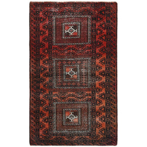 3'7"x6'5" Sunset Colors, Vintage Persian Baluch with Geometric Medallions, Hand Knotted Pure Wool, Worn Down, Clean Oriental Rug FWR491550