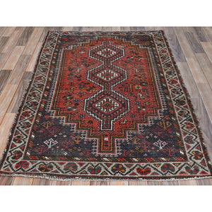 3'10"x5'6" Rust Red, Vintage Persian Shiraz with Birds and Animal Figurines, Pure Wool Hand Knotted, Clean, Sheared Low Oriental Rug FWR491562