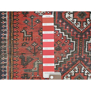 3'10"x5'6" Rust Red, Vintage Persian Shiraz with Birds and Animal Figurines, Pure Wool Hand Knotted, Clean, Sheared Low Oriental Rug FWR491562