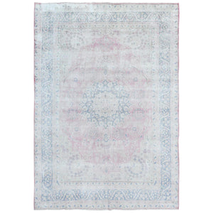 8'5"x11'9" Soft Pink, Vintage Persian Kerman, Sheared Low Distressed Look, Worn Wool Hand Knotted, Oriental Rug FWR491580