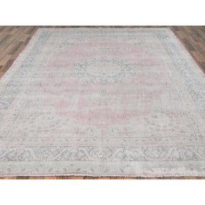 8'5"x11'9" Soft Pink, Vintage Persian Kerman, Sheared Low Distressed Look, Worn Wool Hand Knotted, Oriental Rug FWR491580