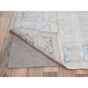 7'10"x10'6" Ivory, Distressed Look Worn Wool, Hand Knotted Old Persian Kerman Cropped Thin, Oriental Rug FWR491598
