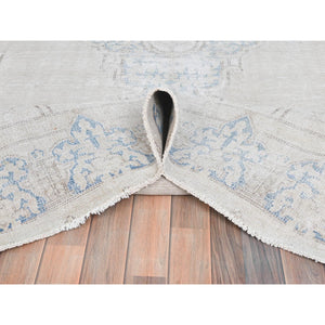 7'10"x10'6" Ivory, Distressed Look Worn Wool, Hand Knotted Old Persian Kerman Cropped Thin, Oriental Rug FWR491598