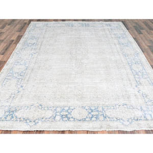 7'x10' Ivory, Hand Knotted Vintage Persian Kerman, Sheared Low Distressed Look Worn Wool, Oriental Rug FWR491640