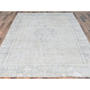 6'4"x9'3" Ivory, Distressed Look Worn Wool Hand Knotted, Vintage Persian Kerman Sheared Low, Oriental Rug FWR491664