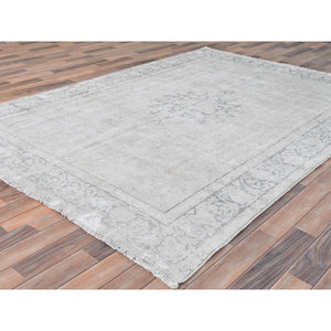 6'4"x9'3" Ivory, Distressed Look Worn Wool Hand Knotted, Vintage Persian Kerman Sheared Low, Oriental Rug FWR491664