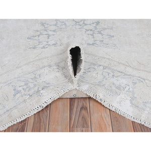 6'4"x9'3" Ivory, Distressed Look Worn Wool Hand Knotted, Vintage Persian Kerman Sheared Low, Oriental Rug FWR491664