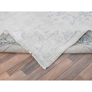 6'4"x9'3" Ivory, Distressed Look Worn Wool Hand Knotted, Vintage Persian Kerman Sheared Low, Oriental Rug FWR491664