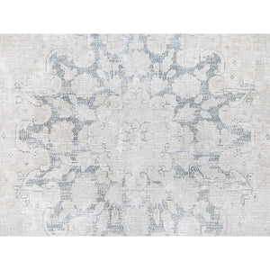 6'4"x9'3" Ivory, Distressed Look Worn Wool Hand Knotted, Vintage Persian Kerman Sheared Low, Oriental Rug FWR491664