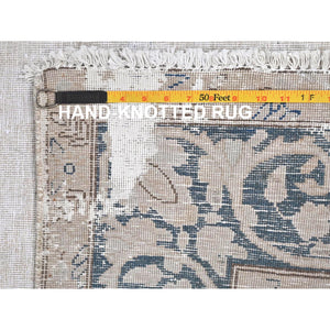 6'4"x9'3" Ivory, Distressed Look Worn Wool Hand Knotted, Vintage Persian Kerman Sheared Low, Oriental Rug FWR491664