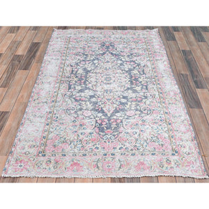 3'7"x5'9" Navy Blue, Hand Knotted Old Persian Kerman, Cropped Thin Distressed Look Worn Wool, Oriental Rug FWR491682