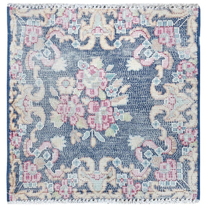 1'7"x1'7" Navy Blue, Vintage Persian Kerman Sheared Low, Distressed Look Worn Wool Hand Knotted, Square Oriental Rug FWR491688