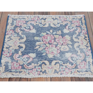 1'7"x1'7" Navy Blue, Vintage Persian Kerman Sheared Low, Distressed Look Worn Wool Hand Knotted, Square Oriental Rug FWR491688
