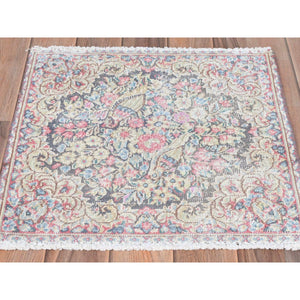 1'8"x1'8" Colorful, Hand Knotted Old Persian Kerman, Cropped Thin Distressed Look Worn Wool, Square Oriental Rug FWR491694