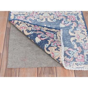 1'7"x1'7" Navy Blue, Worn Wool Hand Knotted, Vintage Persian Kerman Sheared Low Distressed Look, Square Oriental Rug FWR491700