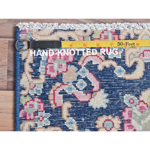 1'7"x1'7" Navy Blue, Worn Wool Hand Knotted, Vintage Persian Kerman Sheared Low Distressed Look, Square Oriental Rug FWR491700