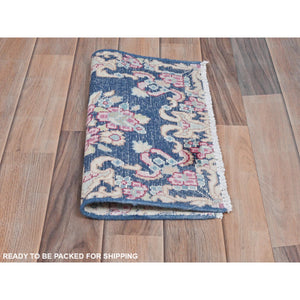 1'7"x1'7" Navy Blue, Distressed Look Worn Wool Hand Knotted, Old Persian Kerman Cropped Thin, Square Oriental Rug FWR491706