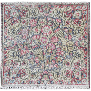 1'9"x1'9" Colorful, Vintage Persian Kerman Sheared Low, Distressed Look Worn Wool Hand Knotted, Square Oriental Rug FWR491712