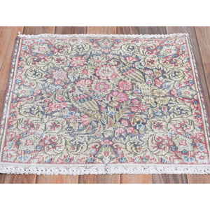 1'9"x1'9" Colorful, Vintage Persian Kerman Sheared Low, Distressed Look Worn Wool Hand Knotted, Square Oriental Rug FWR491712