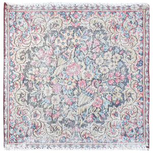 1'9"x1'9" Colorful, Hand Knotted Old Persian Kerman, Cropped Thin Distressed Look Worn Wool, Square Oriental Rug FWR491718