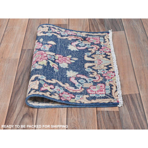 1'6"x2'1" Navy Blue, Worn Wool Hand Knotted, Vintage Persian Kerman Shabby Chic Sheared Low Distressed Look, Mat Oriental Rug FWR491724