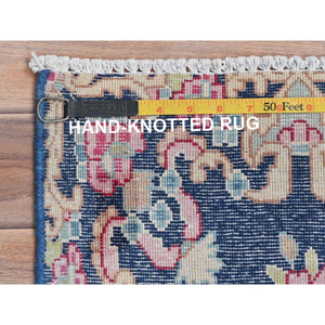 1'6"x2'1" Navy Blue, Worn Wool Hand Knotted, Vintage Persian Kerman Shabby Chic Sheared Low Distressed Look, Mat Oriental Rug FWR491724