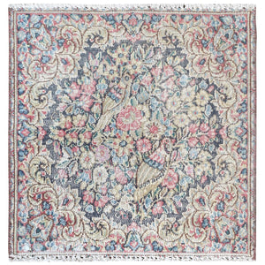 1'8"x1'8" Colorful, Sheared Low Distressed Look Worn Wool Hand Knotted, Vintage Persian Kerman Shabby Chic, Square Oriental Rug FWR491736
