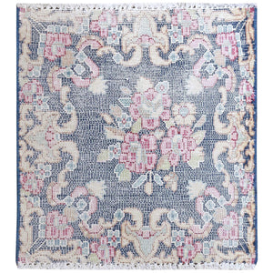 1'6"x1'6" Navy Blue, Hand Knotted Vintage Persian Kerman Shabby Chic, Sheared Low Distressed Look Worn Wool, Square Oriental Rug FWR491748