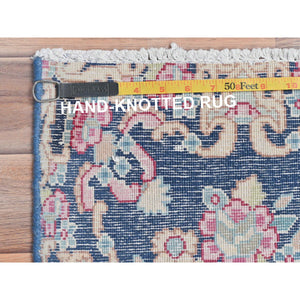 1'6"x1'6" Navy Blue, Hand Knotted Vintage Persian Kerman Shabby Chic, Sheared Low Distressed Look Worn Wool, Square Oriental Rug FWR491748