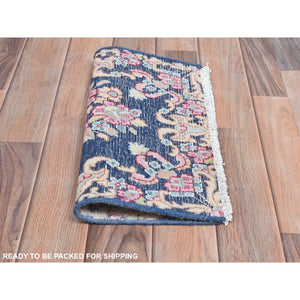 1'7"x1'7" Navy Blue, Old Persian Kerman Shabby Chic Cropped Thin, Distressed Look Worn Wool Hand Knotted, Square Oriental Rug FWR491754