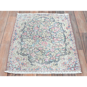 1'8"x2'4" Colorful, Worn Wool Hand Knotted, Old Persian Kerman Cropped Thin Distressed Look, Oriental Mat Rug FWR491766