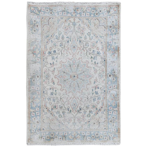 2'x2'10" Ivory, Hand Knotted Old Persian Kerman, Cropped Thin Distressed Look Worn Wool, Mat Oriental Rug FWR491790