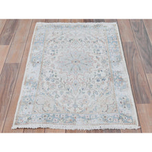 Load image into Gallery viewer, 2&#39;x2&#39;10&quot; Ivory, Hand Knotted Old Persian Kerman, Cropped Thin Distressed Look Worn Wool, Mat Oriental Rug FWR491790