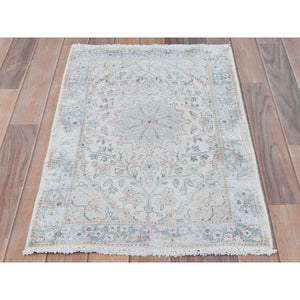 2'x2'10" Ivory, Hand Knotted Old Persian Kerman, Cropped Thin Distressed Look Worn Wool, Mat Oriental Rug FWR491790
