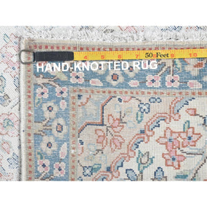 2'x2'10" Ivory, Hand Knotted Old Persian Kerman, Cropped Thin Distressed Look Worn Wool, Mat Oriental Rug FWR491790