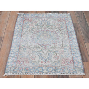 2'x2'7" Ivory, Vintage Persian Kerman Sheared Low, Distressed Look Worn Wool Hand Knotted, Mat Oriental Rug FWR491796