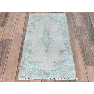 1'5"x2'9" Ivory, Hand Knotted Vintage Persian Kerman, Sheared Low Distressed Look Worn Wool, Mat Oriental Rug FWR491808