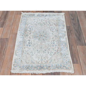 1'10"x2'10" Ivory, Hand Knotted Vintage Persian Kerman, Sheared Low Distressed Look Worn Wool, Mat Oriental Rug FWR491820