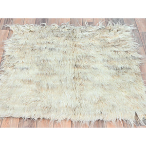 3'x3' Beige, Shaggy Moroccan Exotic Texture, Undyed Natural Wool Hand Knotted, Square Oriental Rug FWR492126