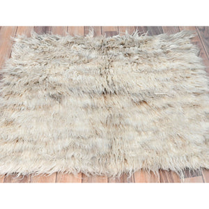 3'x3' Beige, Undyed Natural Wool Hand Knotted, Shaggy Moroccan Exotic Texture, Square Oriental Rug FWR492138