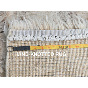 3'x3' Beige, Undyed Natural Wool Hand Knotted, Shaggy Moroccan Exotic Texture, Square Oriental Rug FWR492138