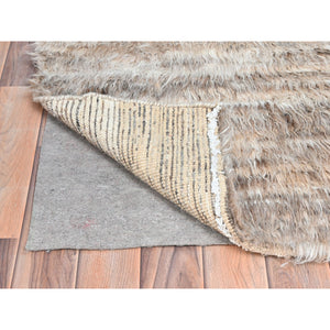 3'2"x5'6" Beige, Hand Knotted Shaggy Moroccan, Exotic Texture Undyed Natural Wool, Oriental Rug FWR492150