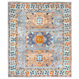 8'3"x9'7" Silver Gray, Dense Weave Organic Wool, Hand Knotted Armenian Inspired Caucasian Design, 200 KPSI Vegetable Dyes, Oriental Rug FWR492174